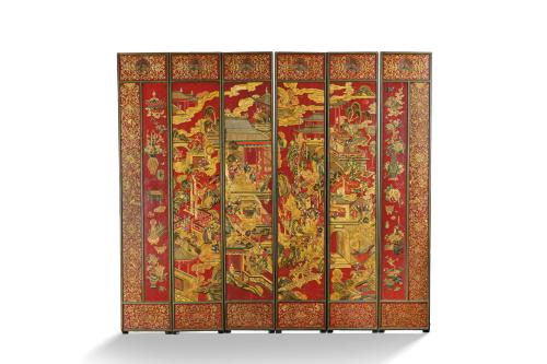 1   -  <p><span class="object_title">Decorativo biombo "Coromandel" de 6 hojas en madera y laca roja con decoraciones en relieve, China, S. XIX.<br/></span><br></p>